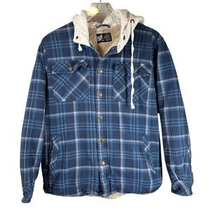 RONIN Men's Small Sherpa Lined Hooded Snap Down Blue Plaid Flannel Shacket